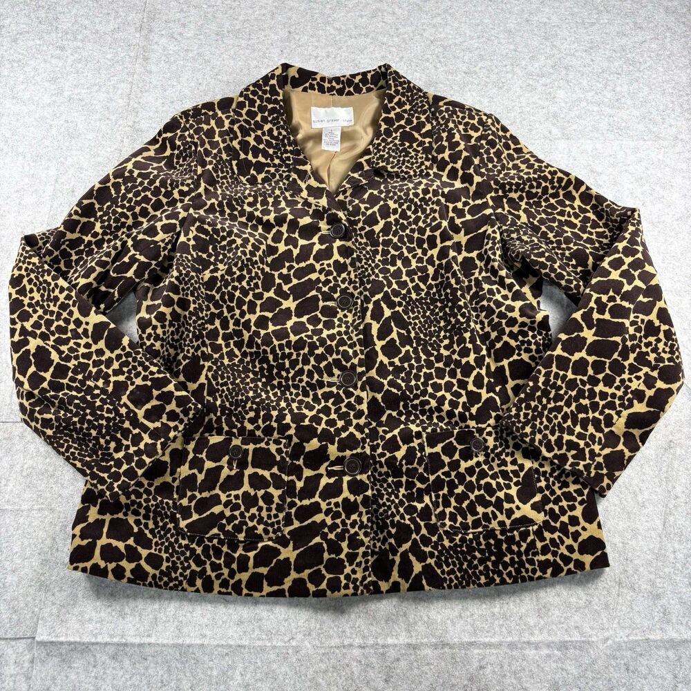 Vintage Susan Graver Style Leopard Giraffe Print Corduroy Cotton Jacket Womens L